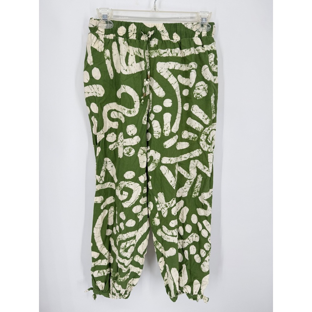 Haute Hippie Style Pants Womens XS Green White Batik Linen Blend Ankle Tie Boho